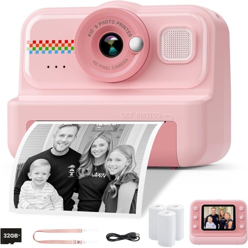 HiMont Kinderkamera Sofortbildkamera, 1080P Sofortbildkamera Kinder mit 32GB Karte & 3 Rollen Druckpapier, lustige Kinderspielzeug Geschenke für Jungen & Mädchen von 3-12 Jahren