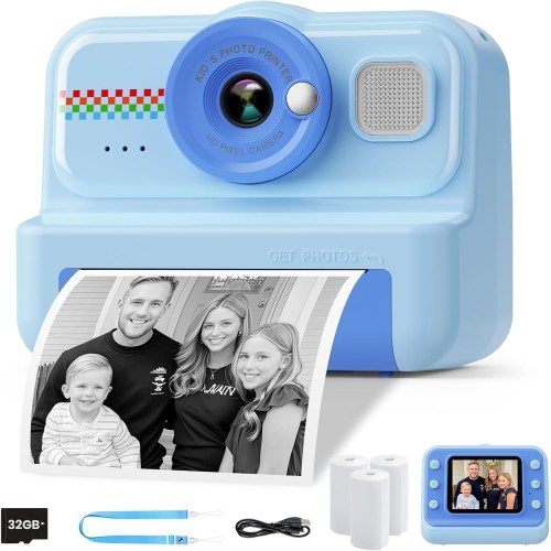 HiMont Kinderkamera Sofortbildkamera, 1080P Sofortbildkamera Kinder mit 32GB Karte & 3 Rollen Druckpapier, lustige Kinderspielzeug Geschenke für Jungen & Mädchen von 3-12 Jahren