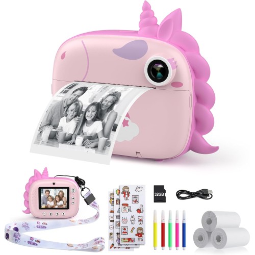 HiMont Kinderkamera Sofortbildkamera, Digitalkamera für Kinder mit Druckpapier & 32G TF Karte, VideoKamera mit farbigen Stiften & Lustige Accessoires, Geschenk für Kinder 3-14 Jahren (Rosa)