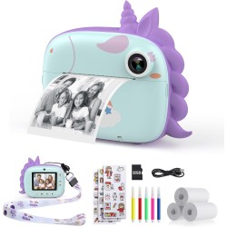 HiMont Kinderkamera Sofortbildkamera, Digitalkamera für Kinder mit Druckpapier & 32G TF Karte, VideoKamera mit farbigen Stiften & lustige Accessoires, Geschenk für Kinder 3-14 Jahren (Grün)
